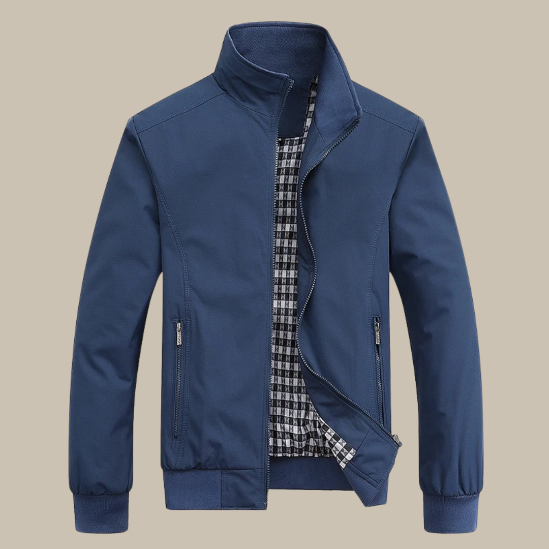 Veste légère mi-saison à col montant, tissu lisse, coupe droite homme