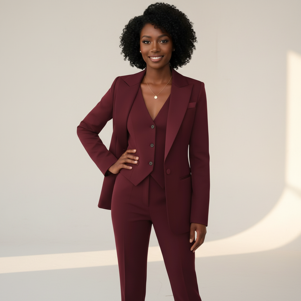 Ensemble tailleur femme trois pièces porté debout, coupe ajustée