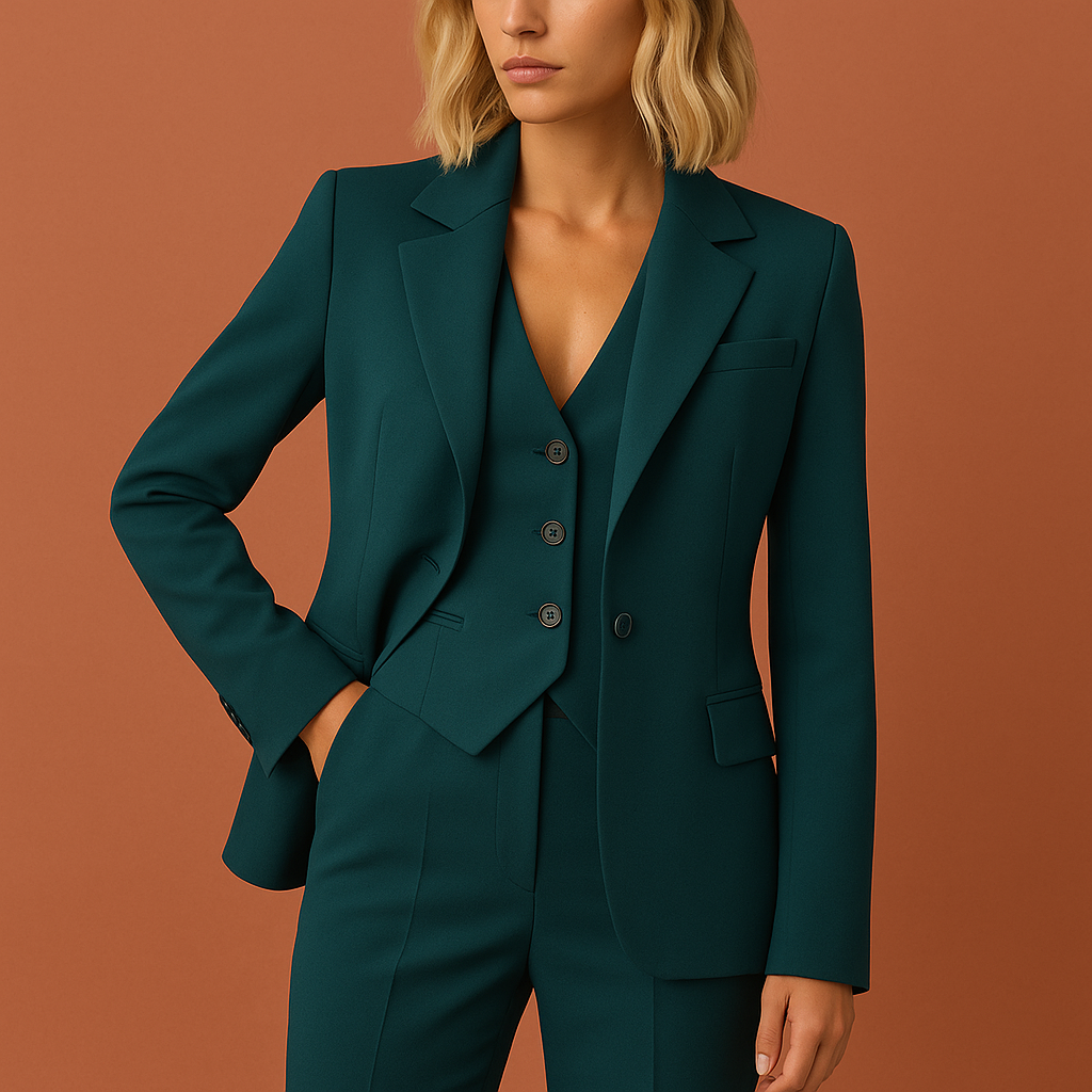 Pantalon tailleur à taille haute et coupe droite, porté en ensemble trois pièces