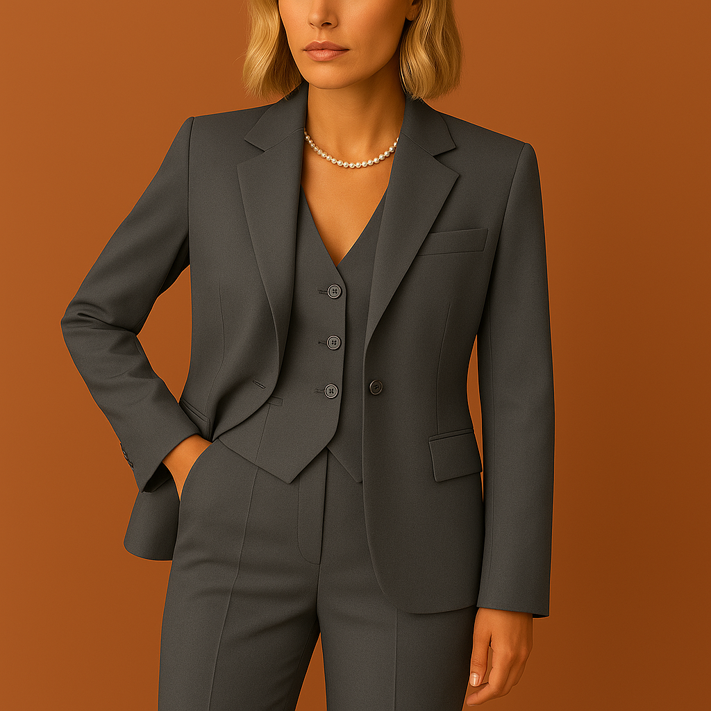 Ensemble tailleur femme porté de dos, veste structurée et pantalon droit