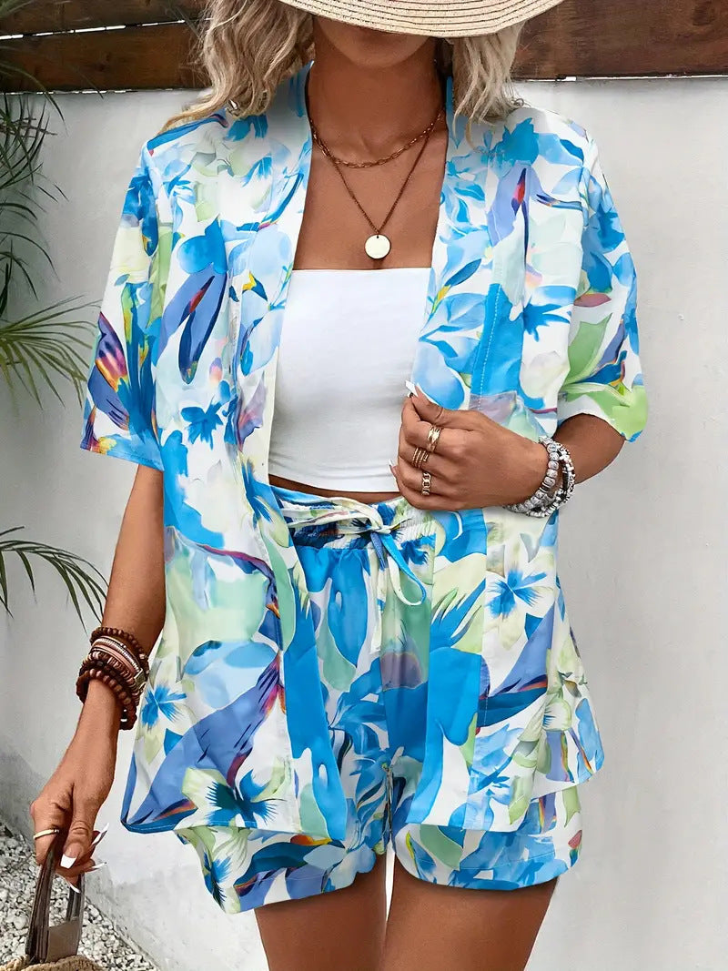 Ensemble tissu imprimé floral, chemise courte et short taille haute, femme