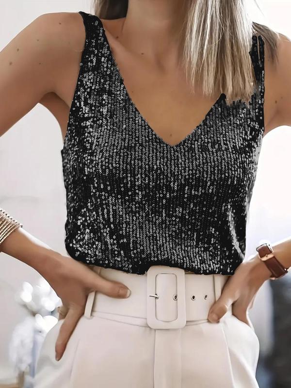 Top sans manches à sequins intégraux, col en V, silhouette ajustée avec doublure