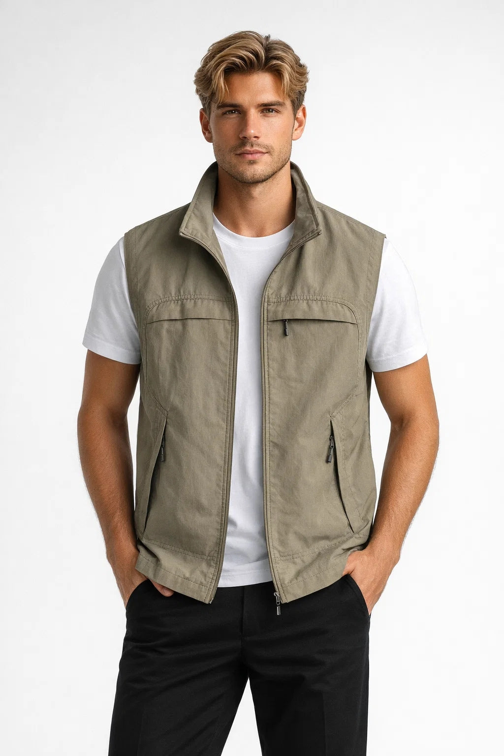 Gilet homme léger à fermeture zippée, col montant et poches fonctionnelles