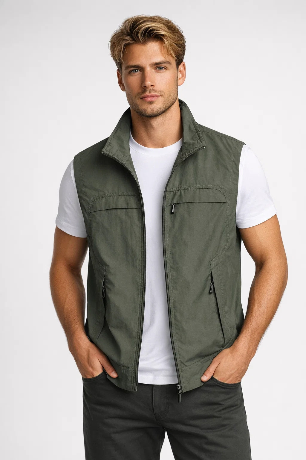 Gilet léger sans manches, col montant zippé et poches latérales pour homme