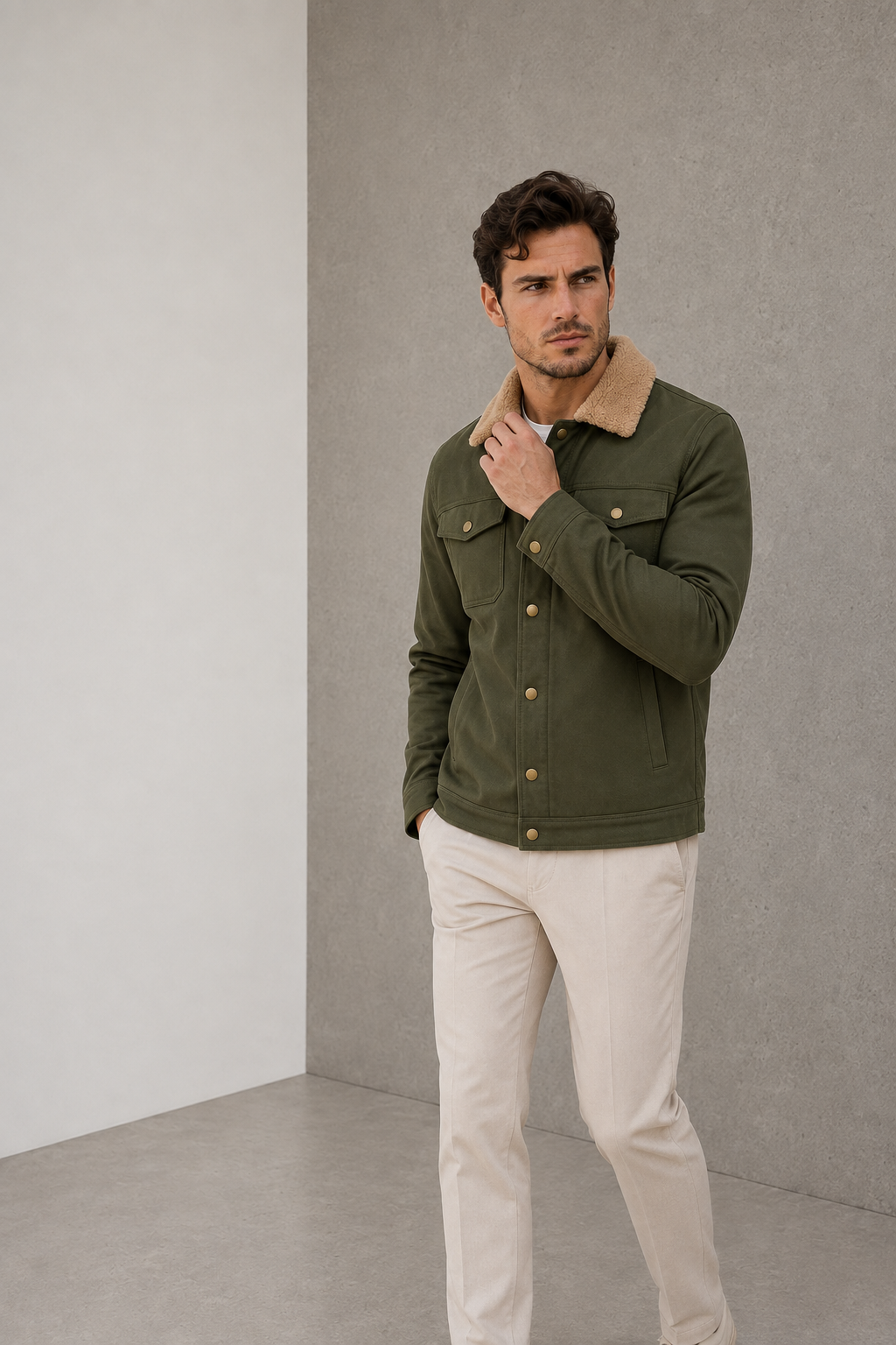 Men's regular-fit button-up jacket with shearling-look lined collar, front button closure, flap chest pockets, and reinforced seam paneling