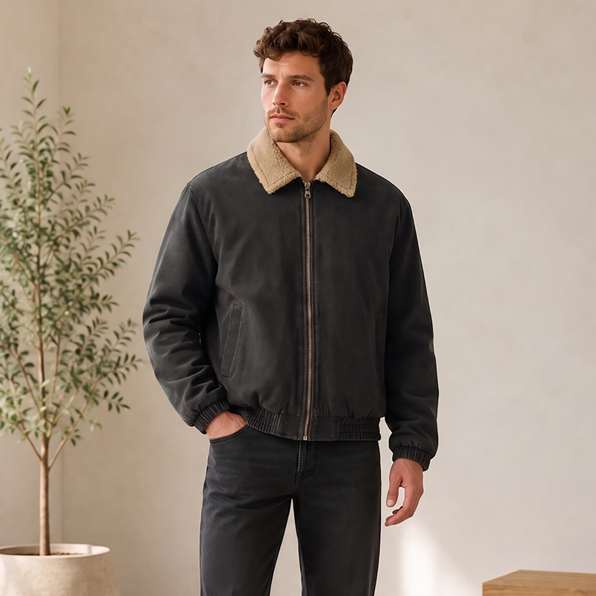 Men's winter jacket with sherpa collar, front zipper, and relaxed regular fit