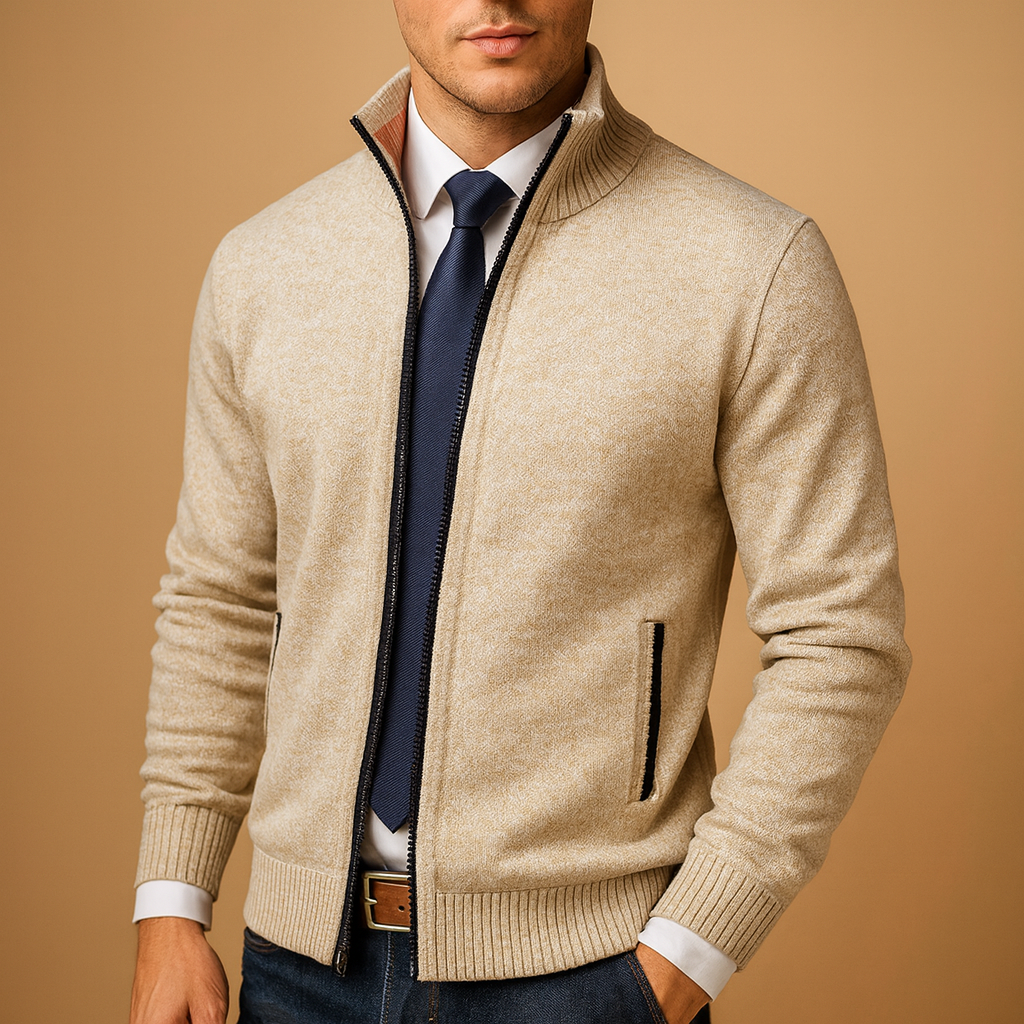 Men's textured knitted jacket with front zipper, ribbed collar, and ribbed cuffs