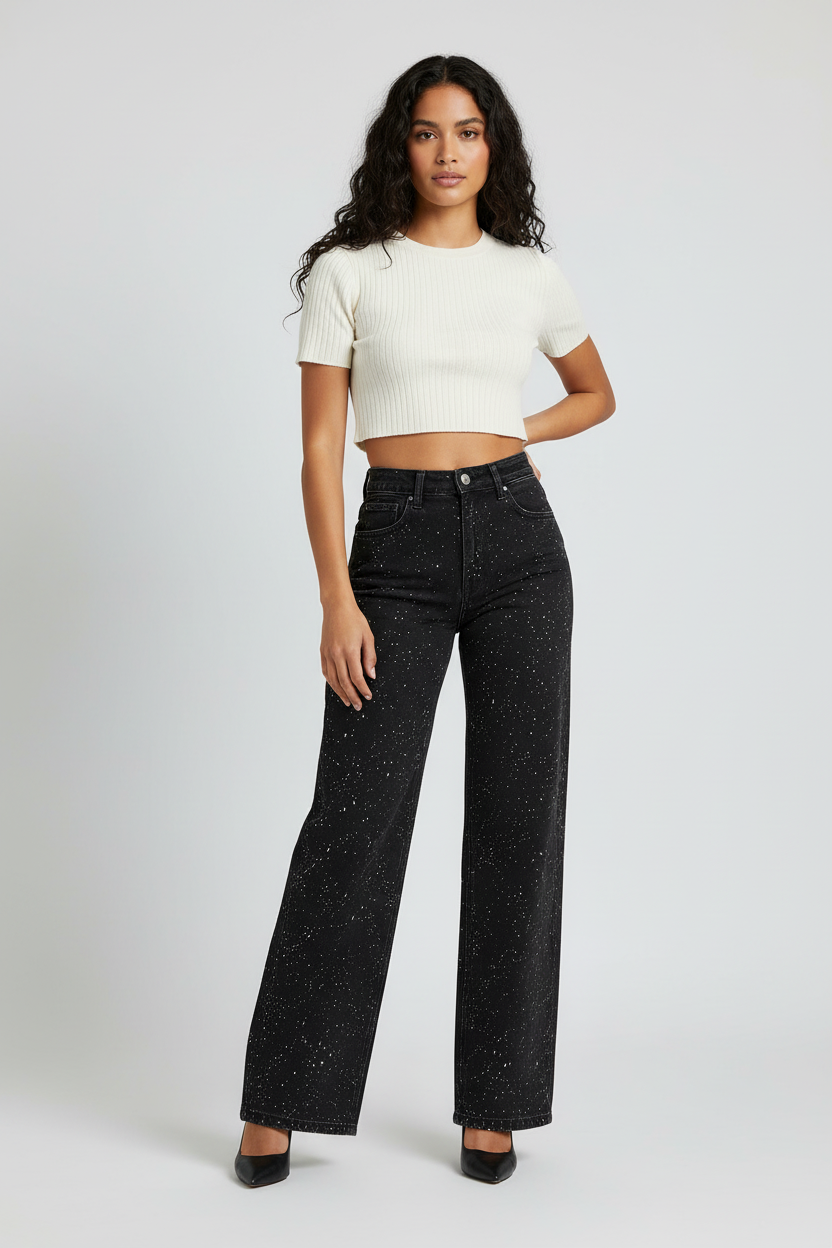 Glitter finish high-waisted jeans with five-pocket construction for women