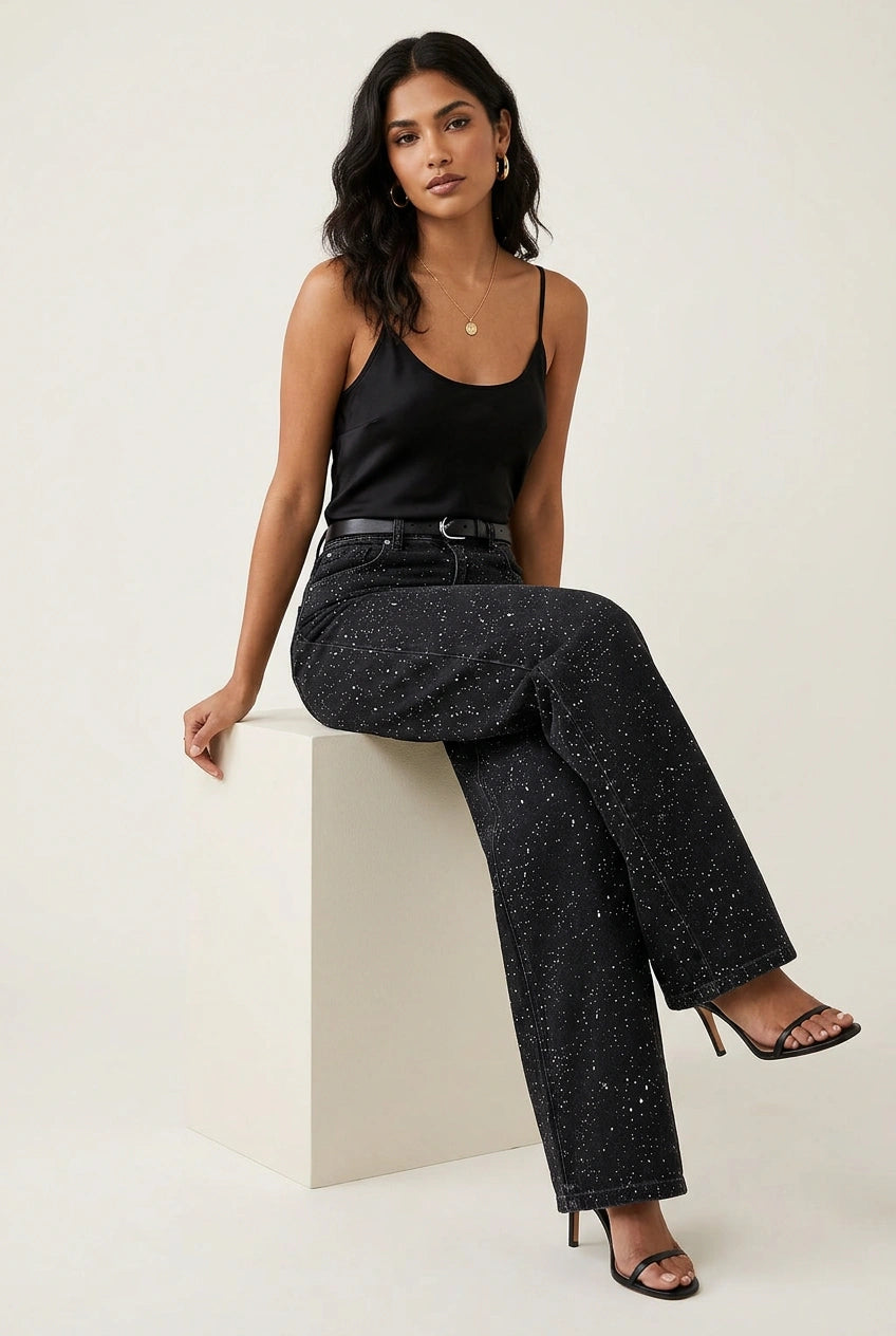 High-waisted wide-leg glitter jeans with button and zipper closure