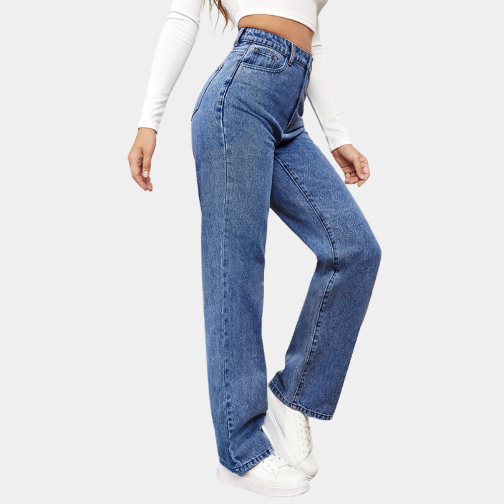 Jean droit taille haute en denim, coupe classique, femme