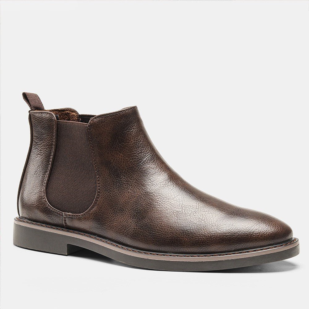 Men's Chelsea boots with durable rubber sole and pull tab, three-quarter rear view