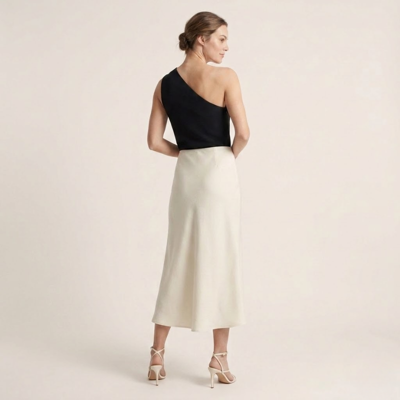 Jupe midi satinée à coupe biais, taille haute, tombé fluide, femme