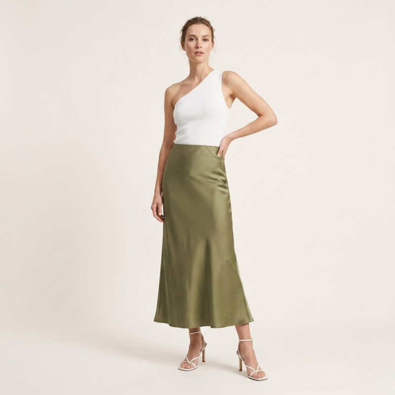Jupe mi-longue satinée à coupe en biais, taille haute, drapé naturel