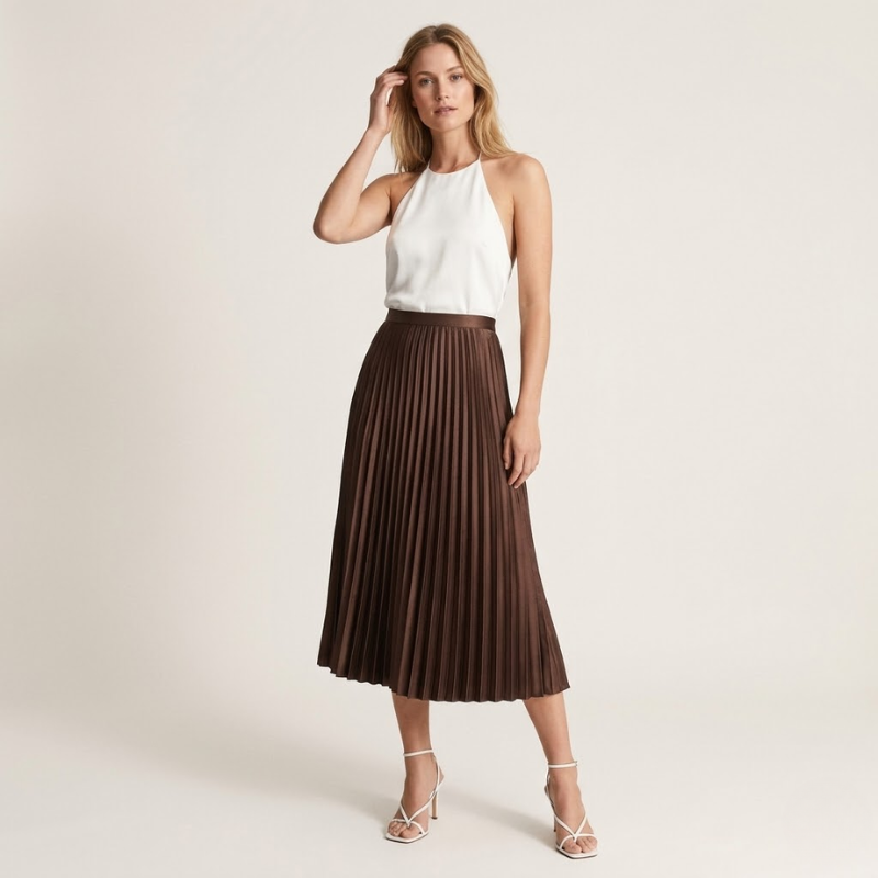 Jupe plissée à taille élastique, coupe midi, usage quotidien femme