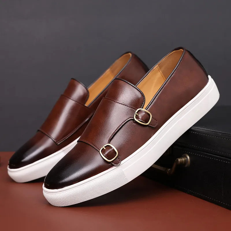 Men's slip-on shoes with double buckles, paneled upper, round toe, and rubber sole