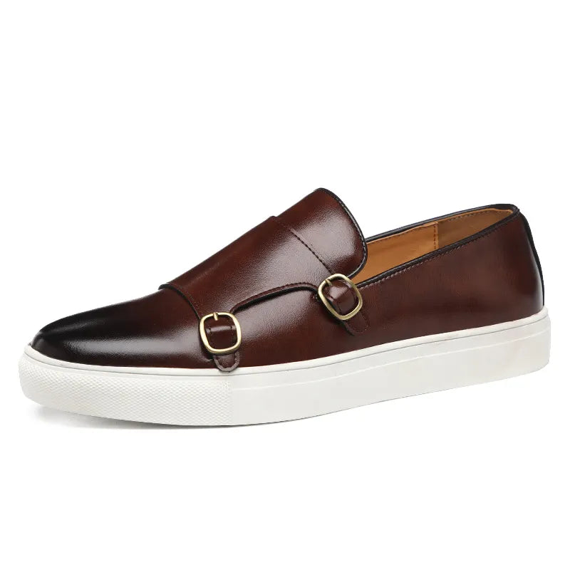 Men's casual slip-on shoes featuring double buckles, panel construction, and rubber outsole