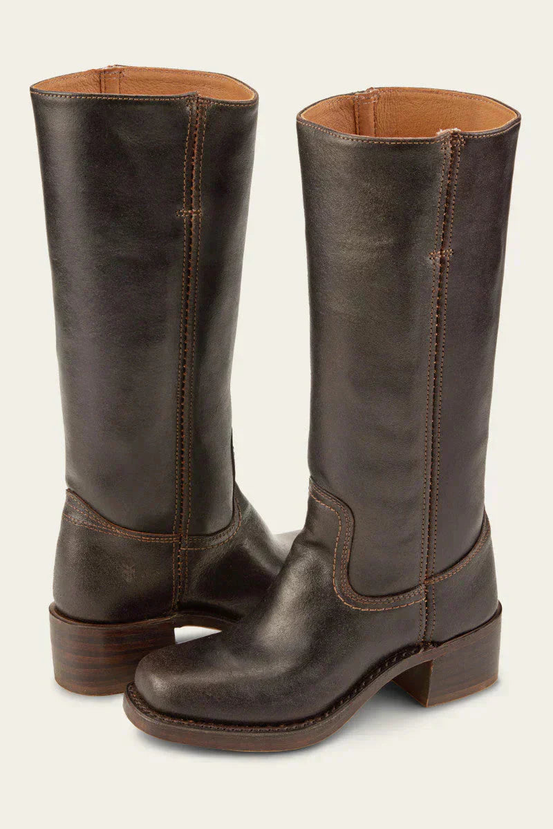 Women's tall faux leather boots with smooth shaft and stacked heel, front view