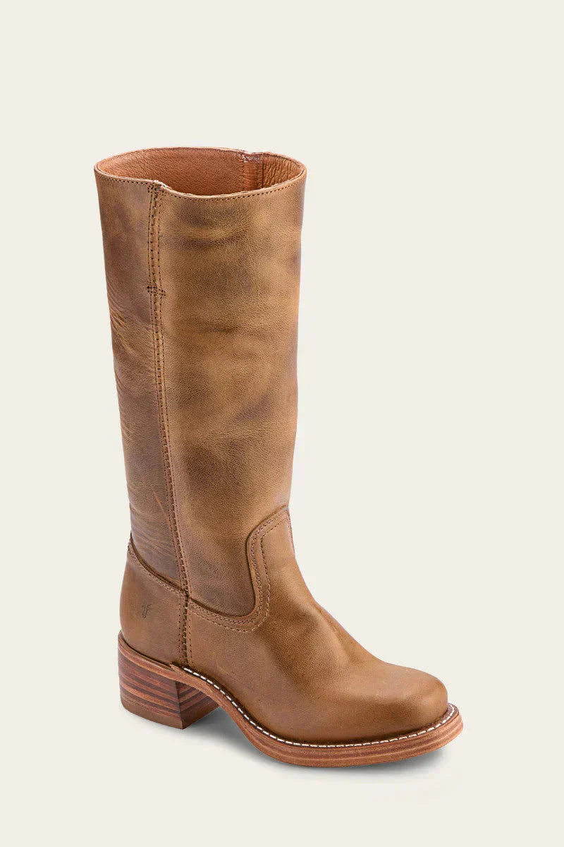 Women's tall faux leather boots side profile showing full shaft height and rubber sole