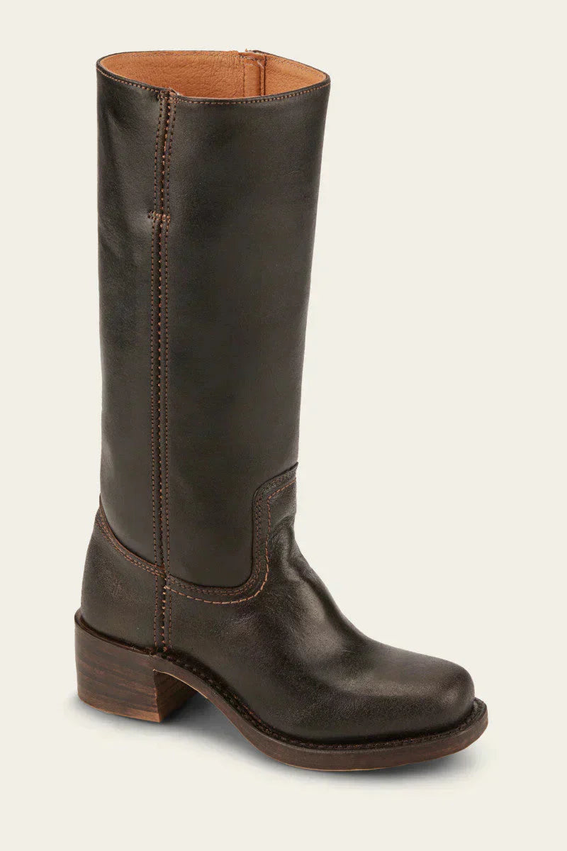 Women's tall leather-look boots heel and sole detail on flat surface