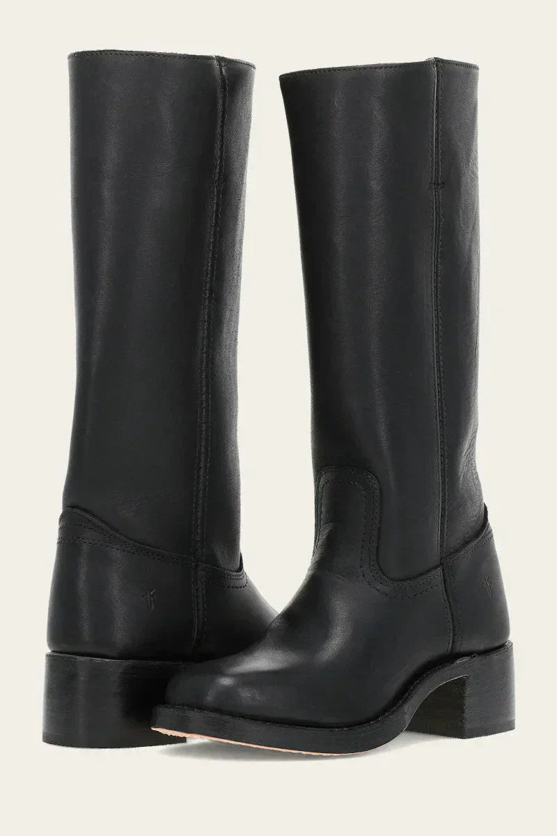 Women's tall boots flat lay showing pair from above, PU leather upper and rubber sole