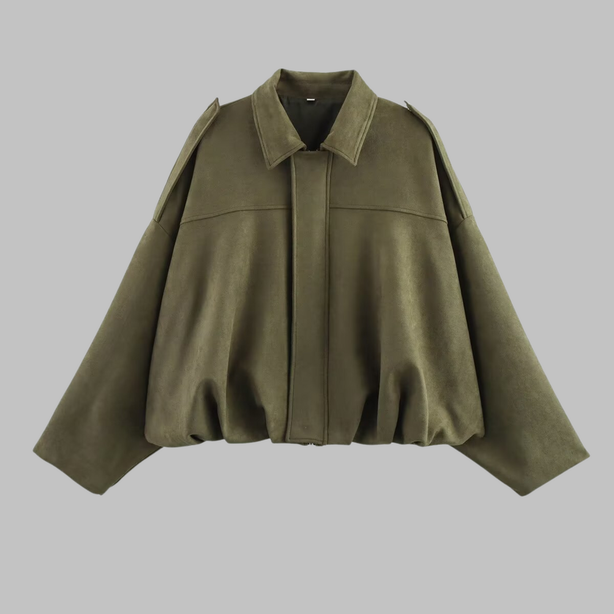 Women's oversized cropped jacket with wide sleeves and a classic shirt collar