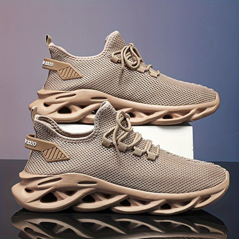 Men's synthetic mesh sneaker with lace-up closure and low-profile sole, front three-quarter view