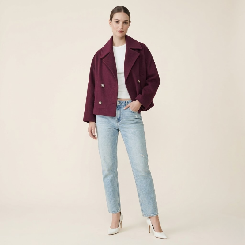 Manteau portefeuille à revers larges, ceinture à nouer, silhouette féminine — face