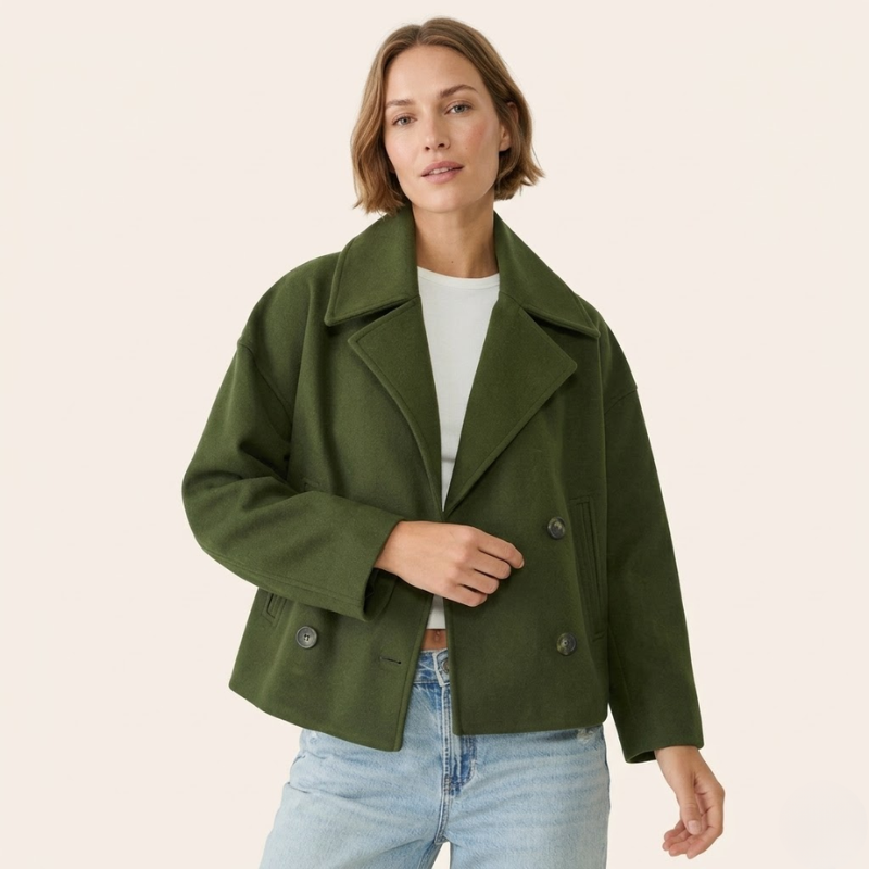 Manteau court à col cranté, fermeture croisée, silhouette ajustée pour femme