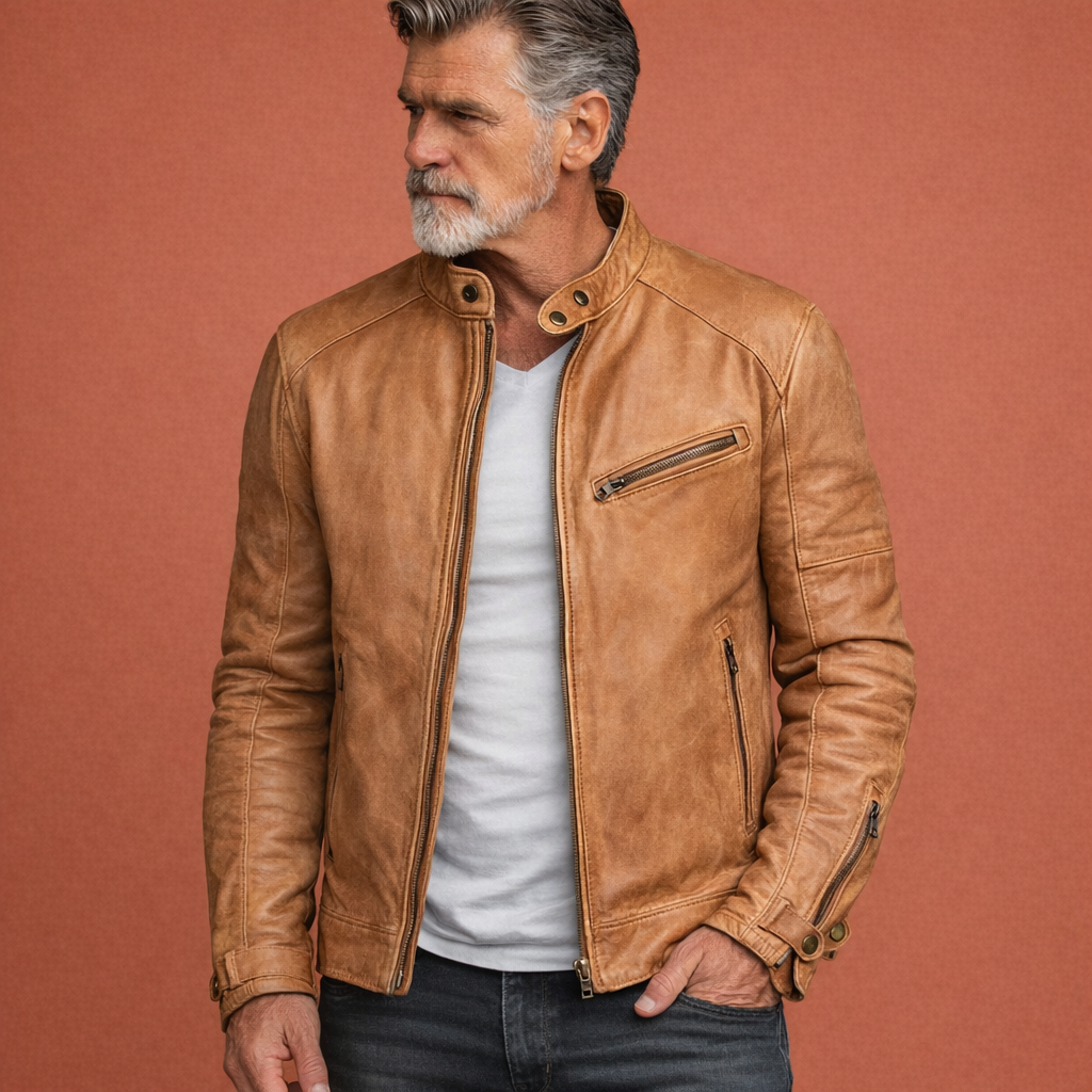 Manteau homme en simili cuir structuré avec col dressé et zip central