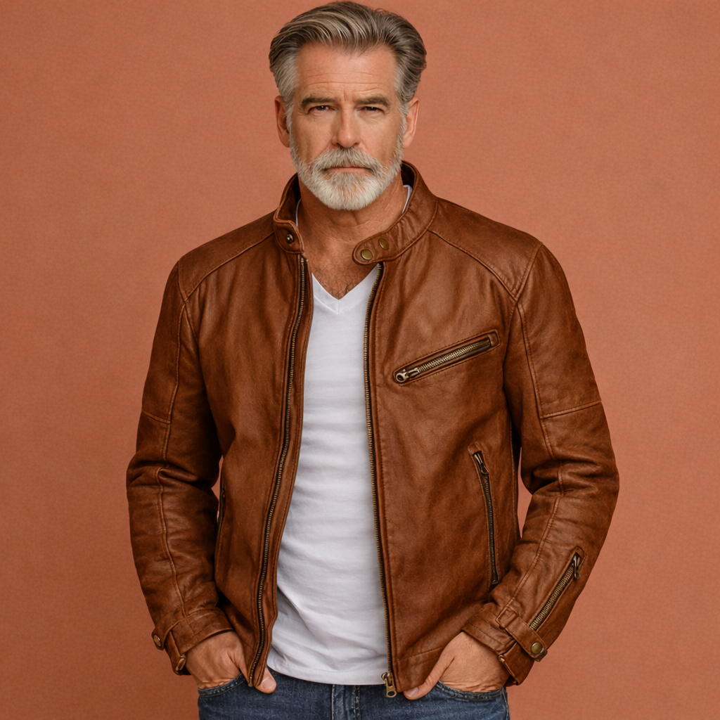 Veste moto homme en similicuir texturé, col montant et poches zippées