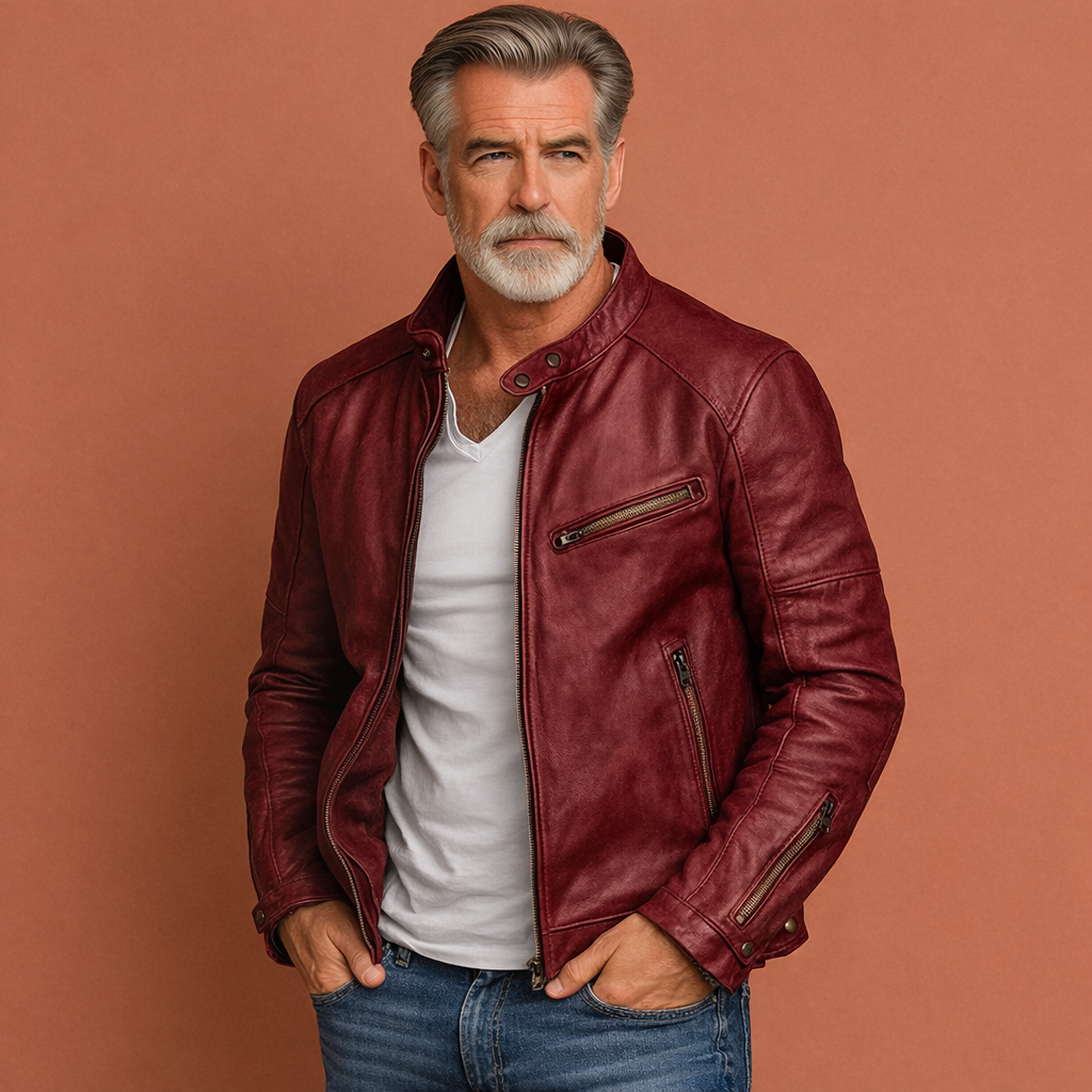 Veste biker homme en simili cuir à col haut et fermeture éclair frontale