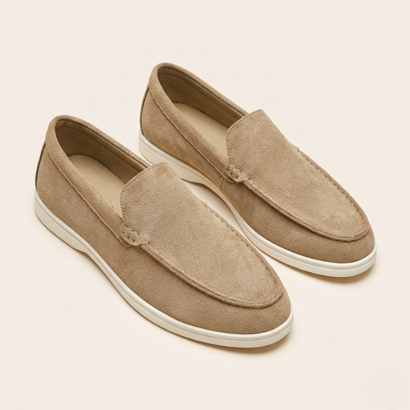 Men's suede slip-on loafers with round toe and flat rubber sole