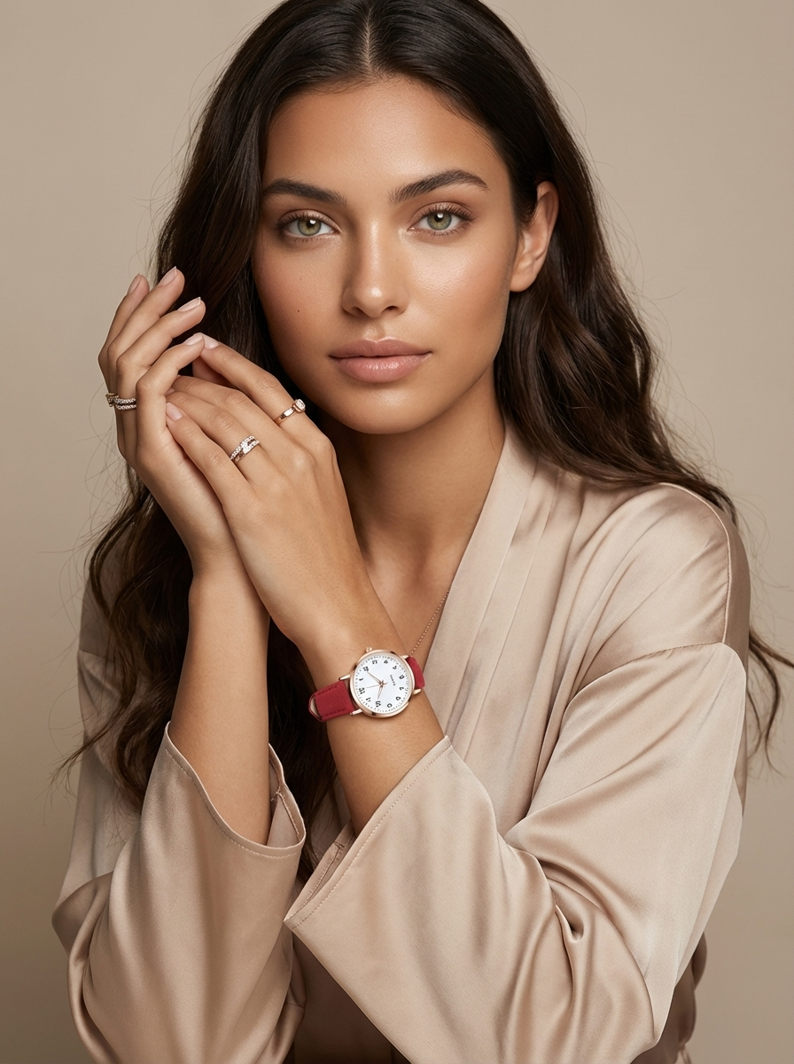 Montre à quartz boîtier rond bracelet cuir, profil latéral femme
