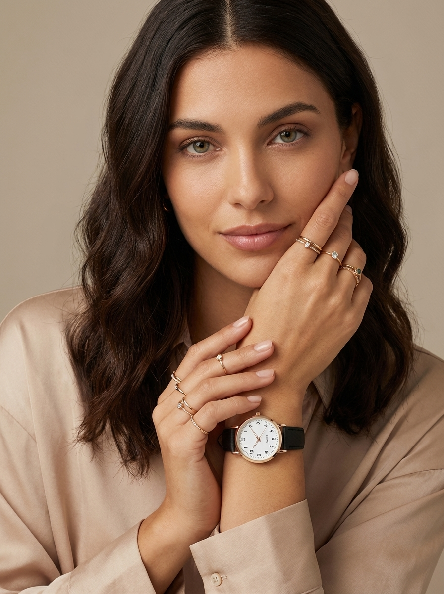 Montre à quartz bracelet cuir au poignet, port féminin