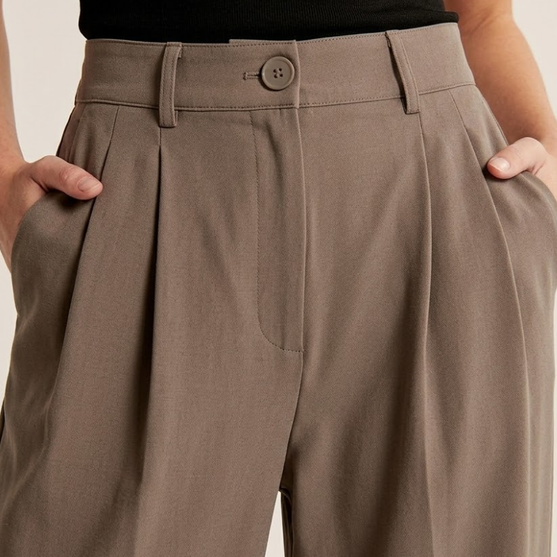 Pantalon droit taille haute tissu structuré coupe ample porté debout