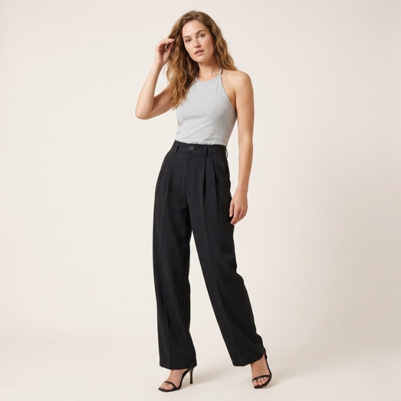 Pantalon jambes larges taille haute avec plis devant coupe décontractée