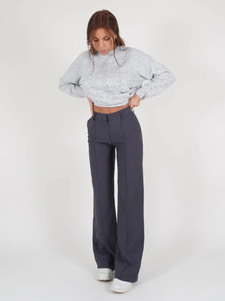 Pantalon taille haute coupe large, ceinture épurée et tombé structuré, femme