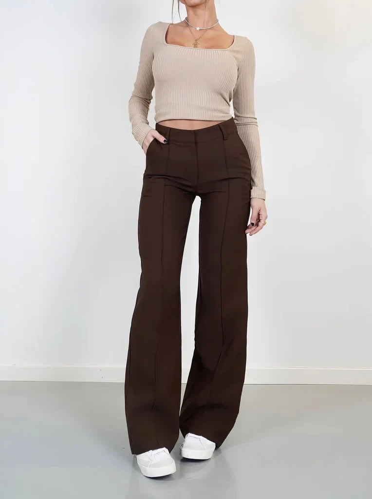 Pantalon droit taille haute avec poches latérales et longueur complète, femme