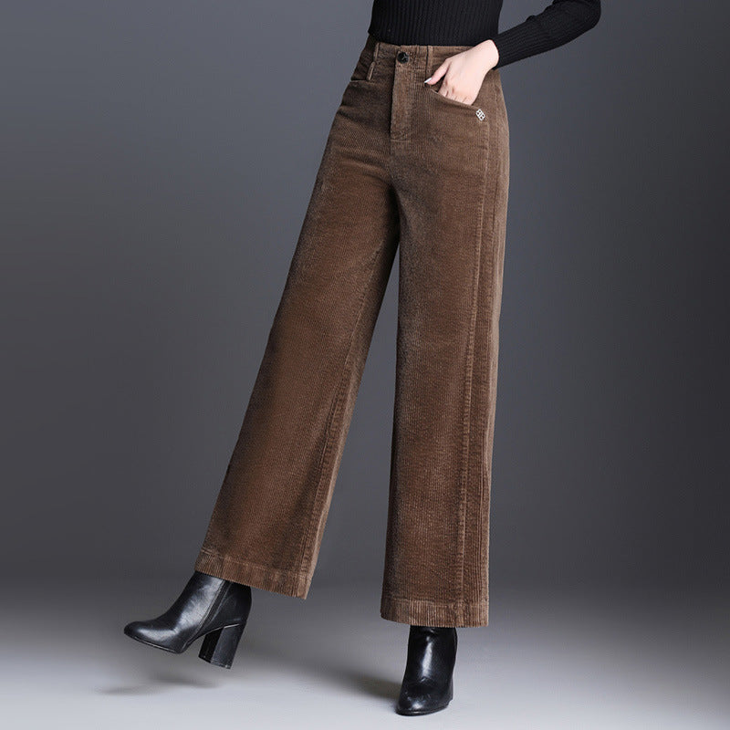 Pantalon en velours côtelé taille haute jambes larges pour femme
