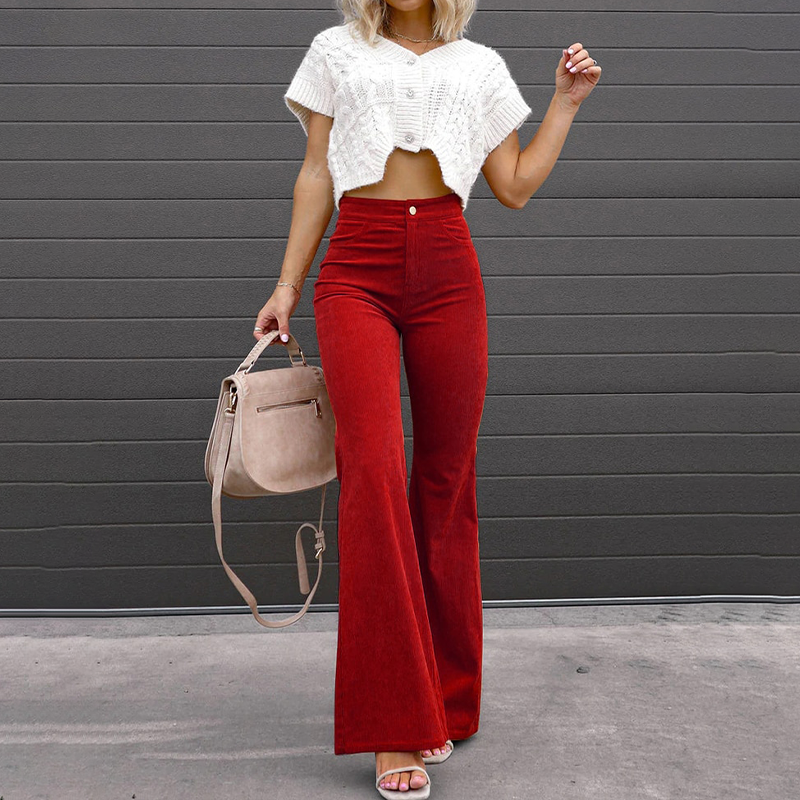 Pantalon femme évasé en velours côtelé, coupe longue à taille haute, profil