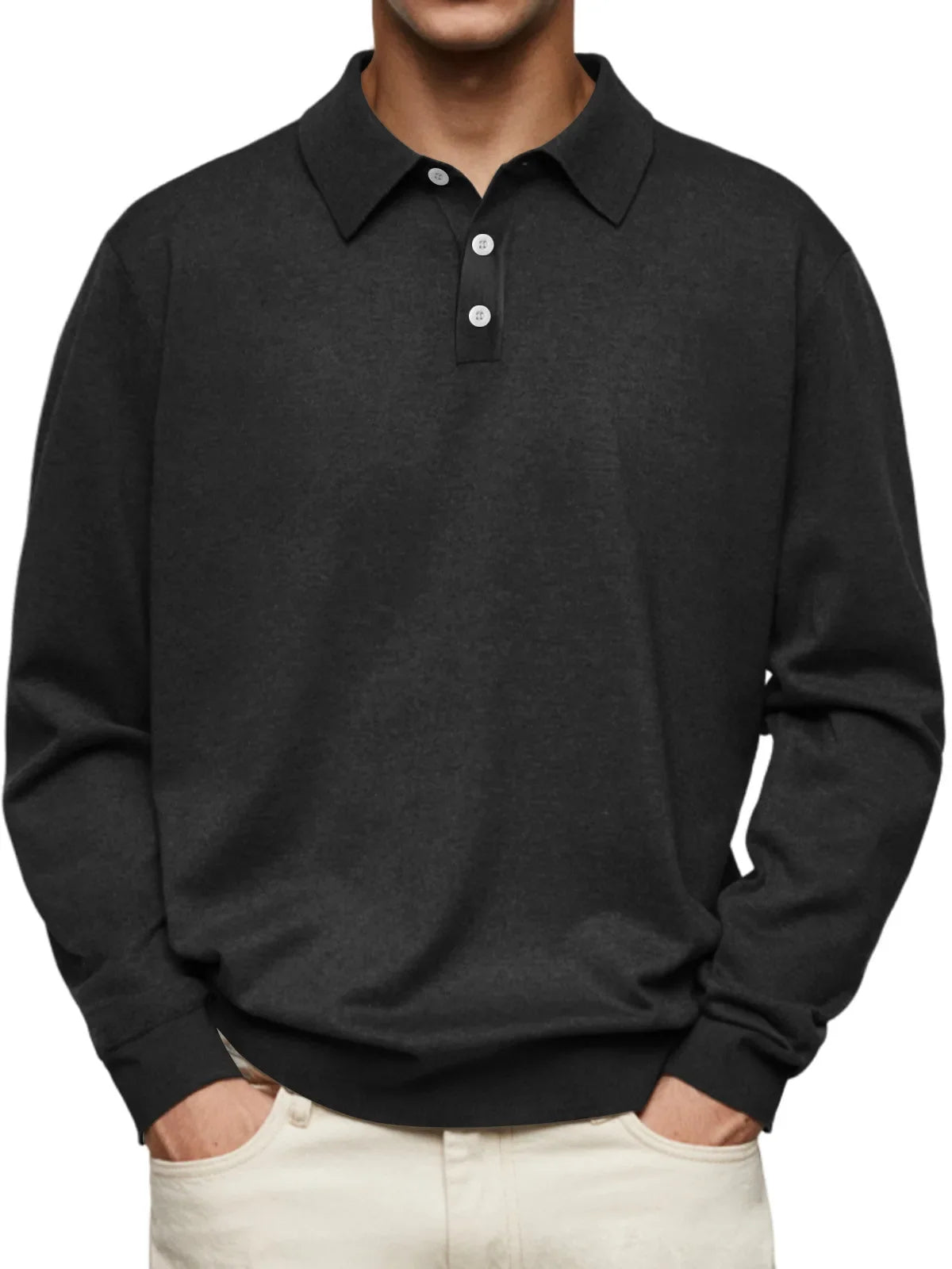 Polo en maille à manches longues, col polo boutonné, coupe droite pour homme