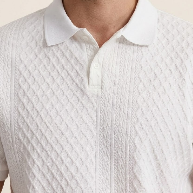 Polo homme maille texturée, col polo, manches courtes, ourlet droit, coupe standard