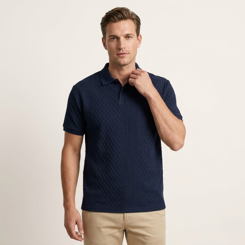 Polo en maille à motifs verticaux, col classique boutonné, manches courtes pour homme