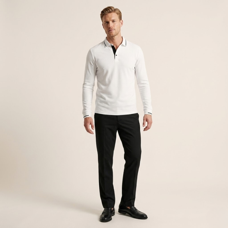 Polo manches longues col classique boutons contrastés vue de face homme