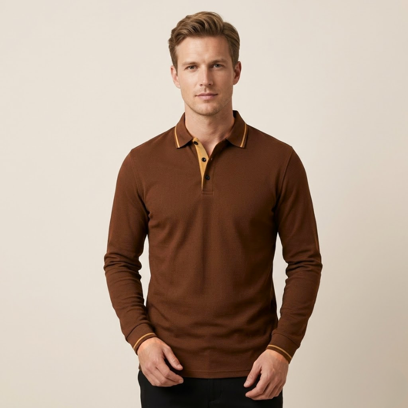 Polo tricot homme coupe droite manches longues col et poignets contrastés