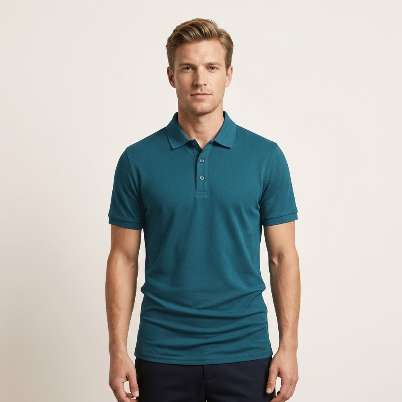 Polo homme en maille, col classique, manches courtes, coupe régulière