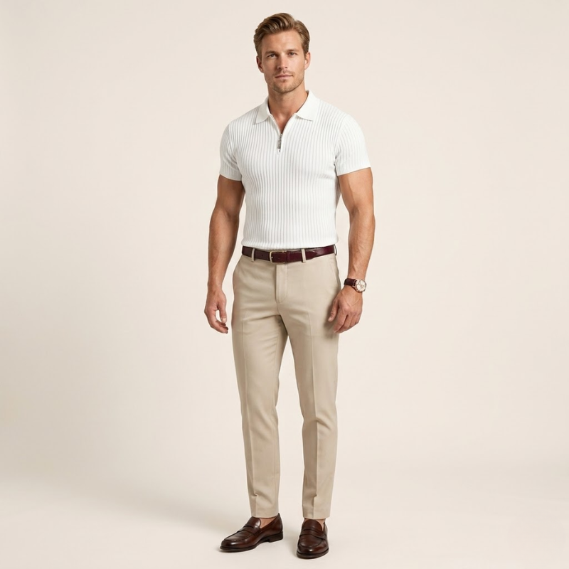 Polo homme en tricot côtelé avec fermeture éclair au col, vue de trois quarts