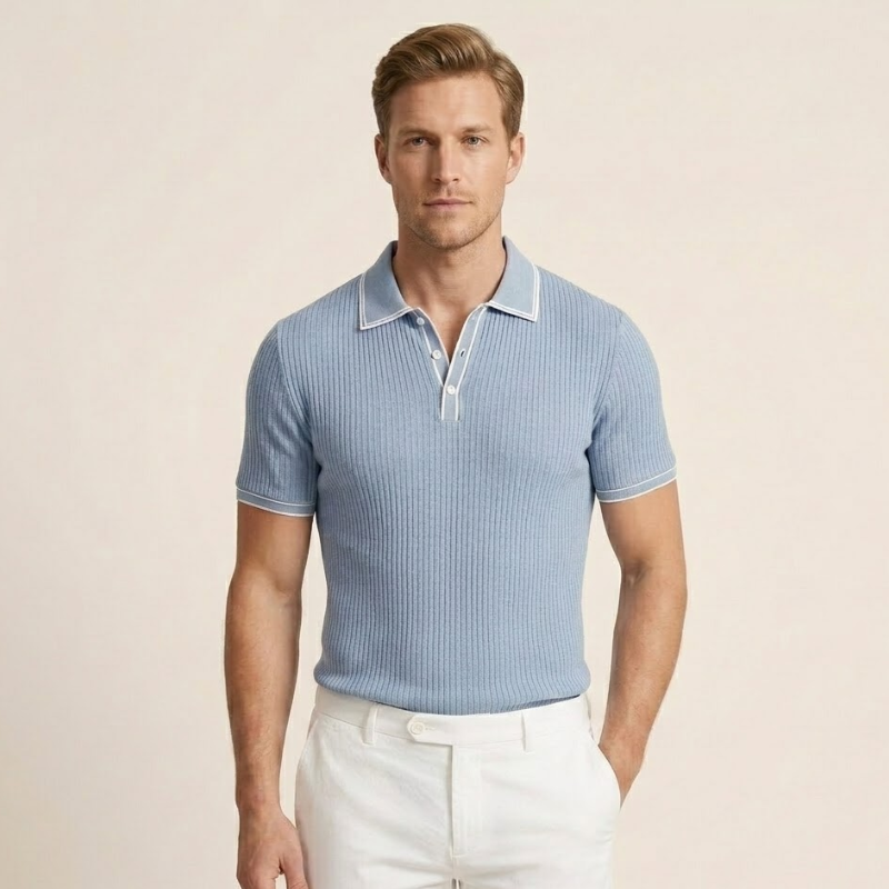 Polo en maille côtelée à col contrasté, coupe droite pour homme, vue de face