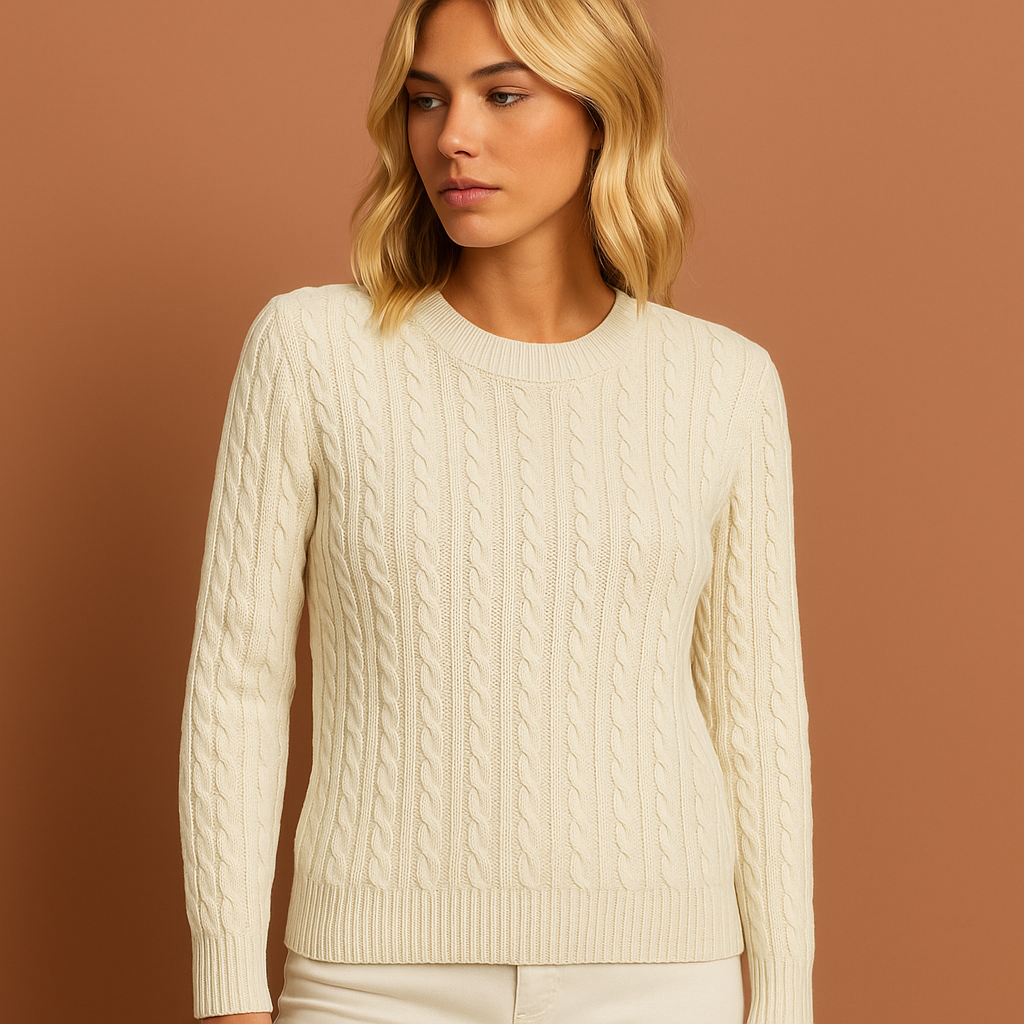 Pull en maille torsadée femme, vue de dos, coupe ajustée