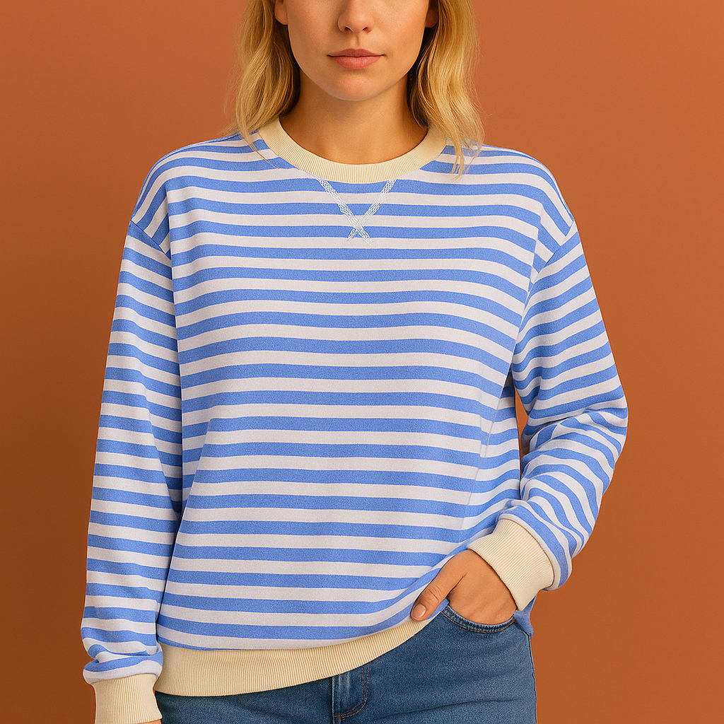 Tricot rayé à col rond, épaules tombantes et manches longues, coupe ample pour femme